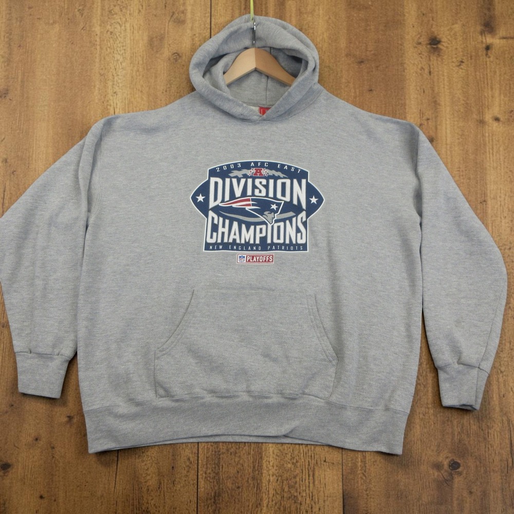 Vintage NFL New England Patriots Hoodie Mens XL Gray 2003 AFC East Champs Fleece